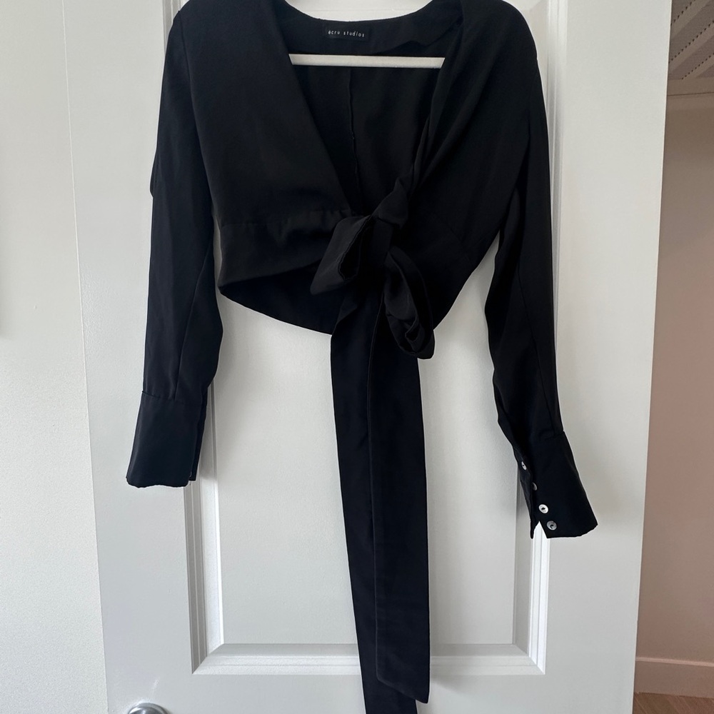 Black Wrap Blouse with Tie Detail
